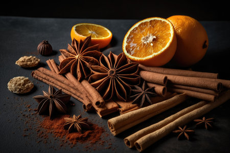 Many cinnamon sticks star anise and dried orange slices. Illustration Generative AIの素材