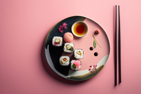 Sushi set in plate on pink background. Valentine day food. Illustration Generative AIの素材