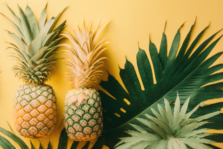 Pineapples and tropical palm leaves on a bright pastel. Illustration Generative AIの素材