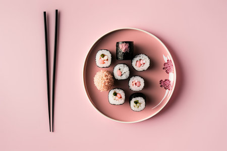 Sushi set in plate on pink background. Valentine day food. Illustration Generative AIの素材
