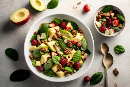 Fruit salad with red apples, avocado, spinach and walnut Illustration Generative AIの素材