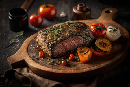 Juicy portions of fried steak fillet with tomatoes Illustration Generative AIの素材