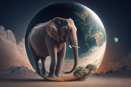 dreamlike and reality-bending background with elephant. Illustration Generative AIの素材