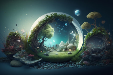 Fairytale natural green environment background. Illustration Generative AIの素材