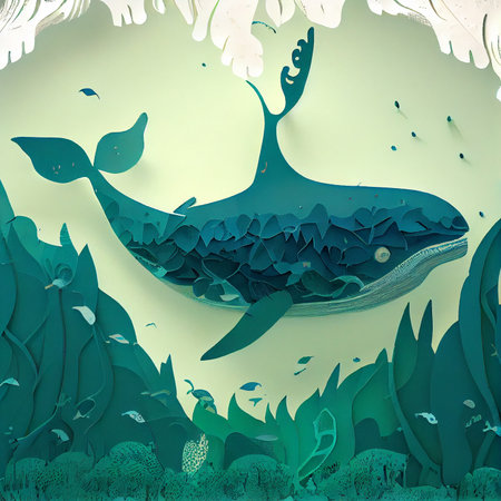 Whale swims in the ocean among algae, blue, paper art. Illustration AI Generativeの素材