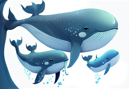 Cute mother whale with cubes in the ocean. paper art illustration. Illustration AI Generativeの素材