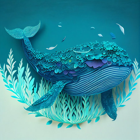 Whale swims in the ocean among algae, blue, paper art. Illustration AI Generativeの素材
