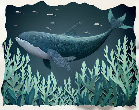 Whale swims in the ocean among algae, blue, paper art. Illustration AI Generativeの素材