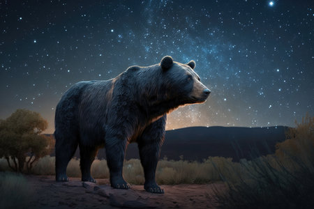 Bear and magic night sky. Illustration Generative AIの素材