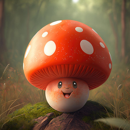 Cute funny red mushroom. Illustration Generative AIの素材