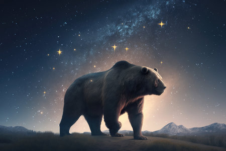 Bear and magic night sky. Illustration Generative AIの素材