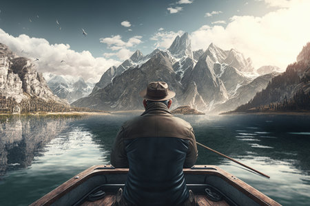 Man looking at mountain. Illustration Generative AIの素材