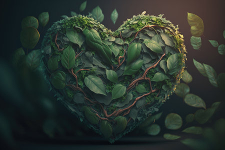 Heart from green leaves. Illustration Generative AIの素材