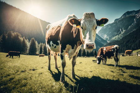 Cow on Sunny Meadow. Illustration Generative AIの素材