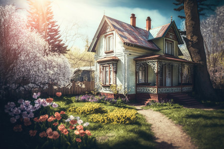spring garden house. Illustration Generative AIの素材