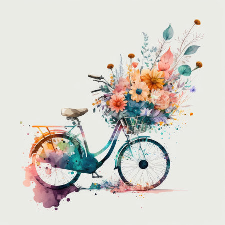 Watercolor Bike with Flowers Illustration Generative AIの素材