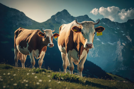 Cow on Sunny Meadow. Illustration Generative AIの素材