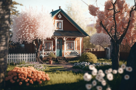 spring garden house. Illustration Generative AIの素材