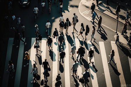 Big crowd of people walking on big city street. Illustration Generative AIの素材