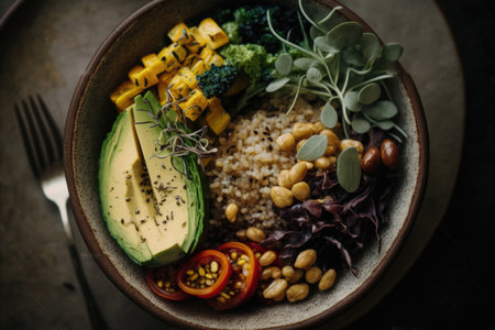 Bowl with fresh salad, avocado, grains, beans. Illustration Generative AIの素材