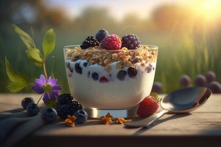 Yogurt with granola and berries. Illustration Generative AIの素材