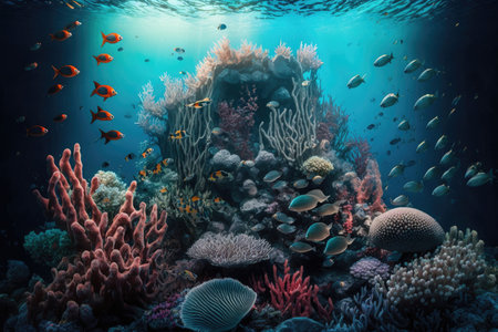 Coral reef with many fish swimming underwater. Illustration Generative AIの素材