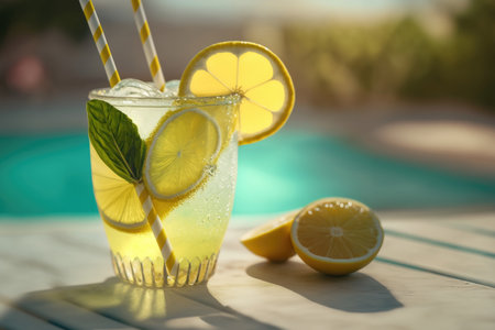 Lemonade on pool background. Illustration AI Generativeの素材