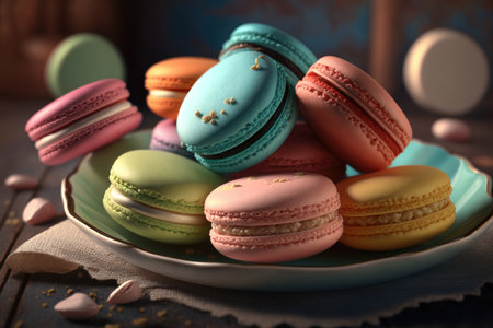 Colorful french macarons on plate Illustration Generative AIの素材