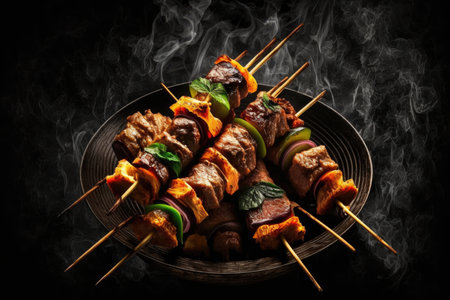 Grilled meat skewers, shish kebab Illustration Generative AIの素材