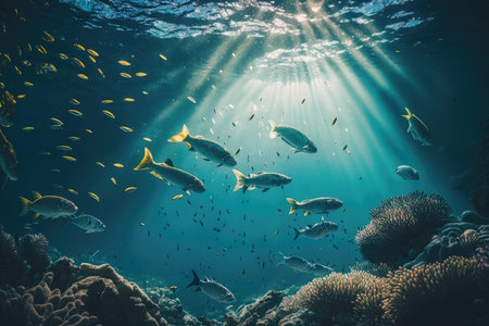 Coral reef with many fish swimming underwater. Illustration Generative AIの素材