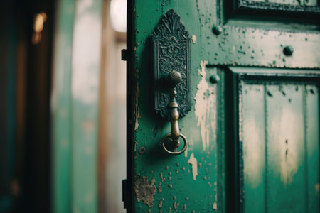 Green door with handle and lock. Illustration AI Generativeの素材