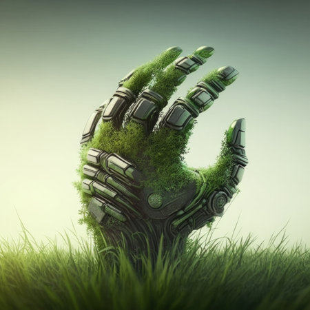 Green technology conceptual design, robot arm covered with grass. Illustration Generative AIの素材