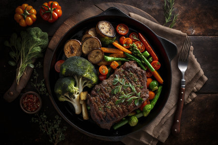 Grilled beef steak with grilled vegetables, Illustration AI Generativeの素材