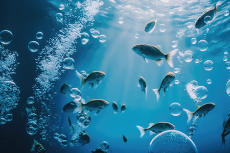 Flock of fish diving bubbles blue background abstract nature. Illustration Generative AIの素材