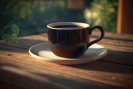 Cup of coffee on wooden background. Illustration AI Generativeの素材