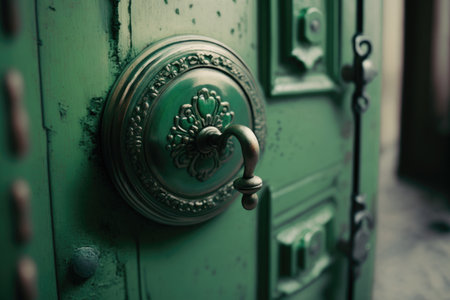 Green door with handle and lock. Illustration AI Generativeの素材