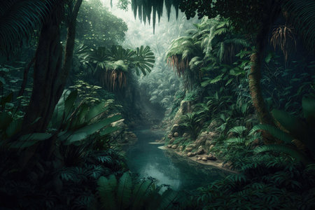 Green Natural Jungle Background. Illustration Generative AIの素材