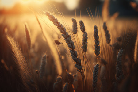 Wheat field in closeup during the harvest season Illustration AI Generativeの素材