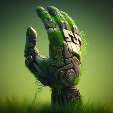 Green technology conceptual design, robot arm covered with grass. Illustration Generative AIの素材