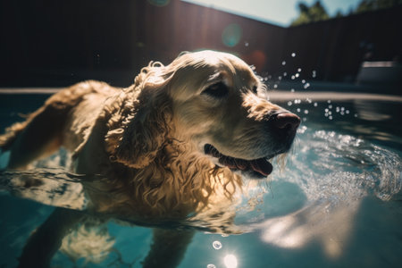 Cute dog in swimming pool. Illustration Generative AIの素材