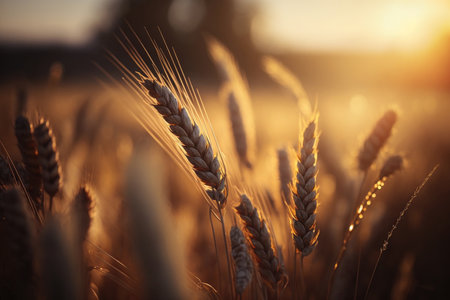 Wheat field in closeup during the harvest season Illustration AI Generativeの素材