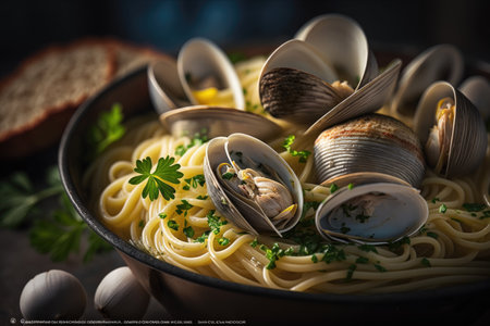 Steamed clams, linguini and parsley. Illustration Generative AIの素材