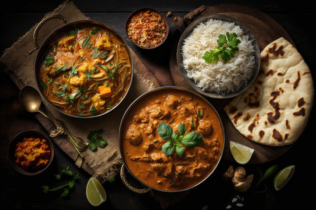 Assorted indian curry and rice dishes. Illustration Generative AIの素材