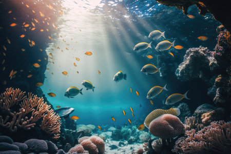 Coral reef with many fish swimming underwater. Illustration Generative AIの素材