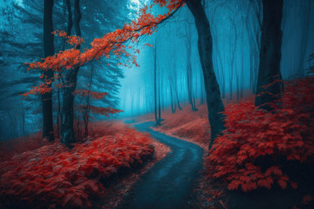 Forest in blue fog in autumn. Illustration Generative AIの素材