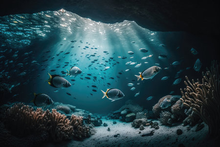 Coral reef with many fish swimming underwater. Illustration Generative AIの素材