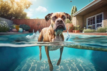 Cute dog in swimming pool. Illustration Generative AIの素材
