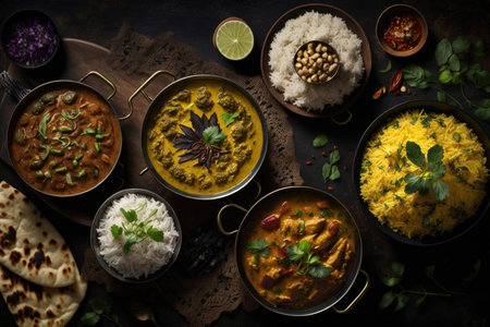 Assorted indian curry and rice dishes. Illustration Generative AIの素材