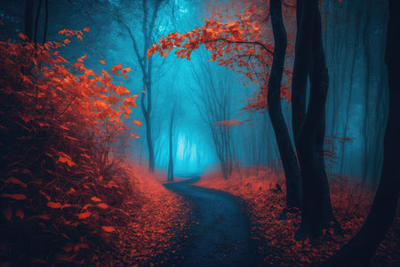 Forest in blue fog in autumn. Illustration Generative AIの素材