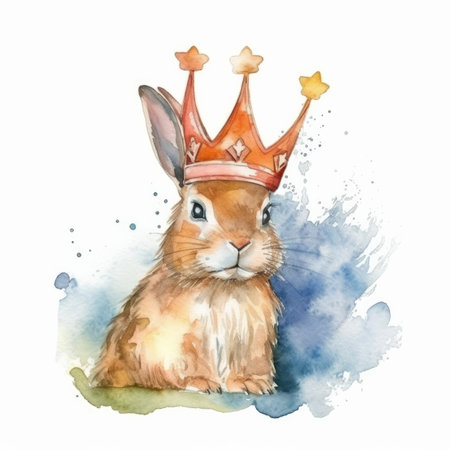 Watercolor bunny with crown. Illustration Generative AIの素材
